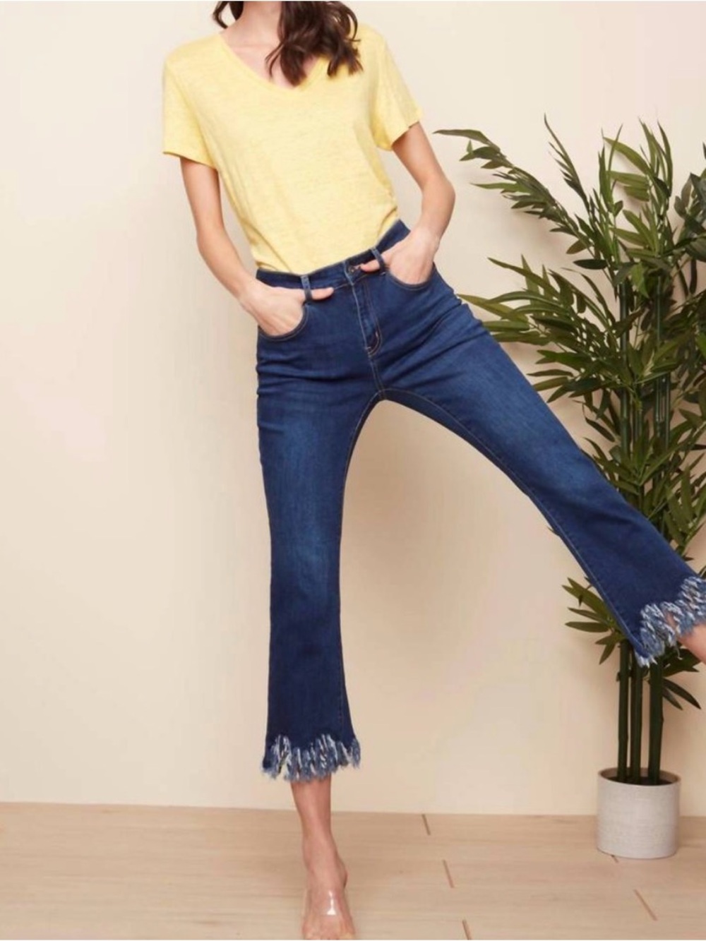CHARLIE B Dark Blue Frayed Hem Cropped Jeans